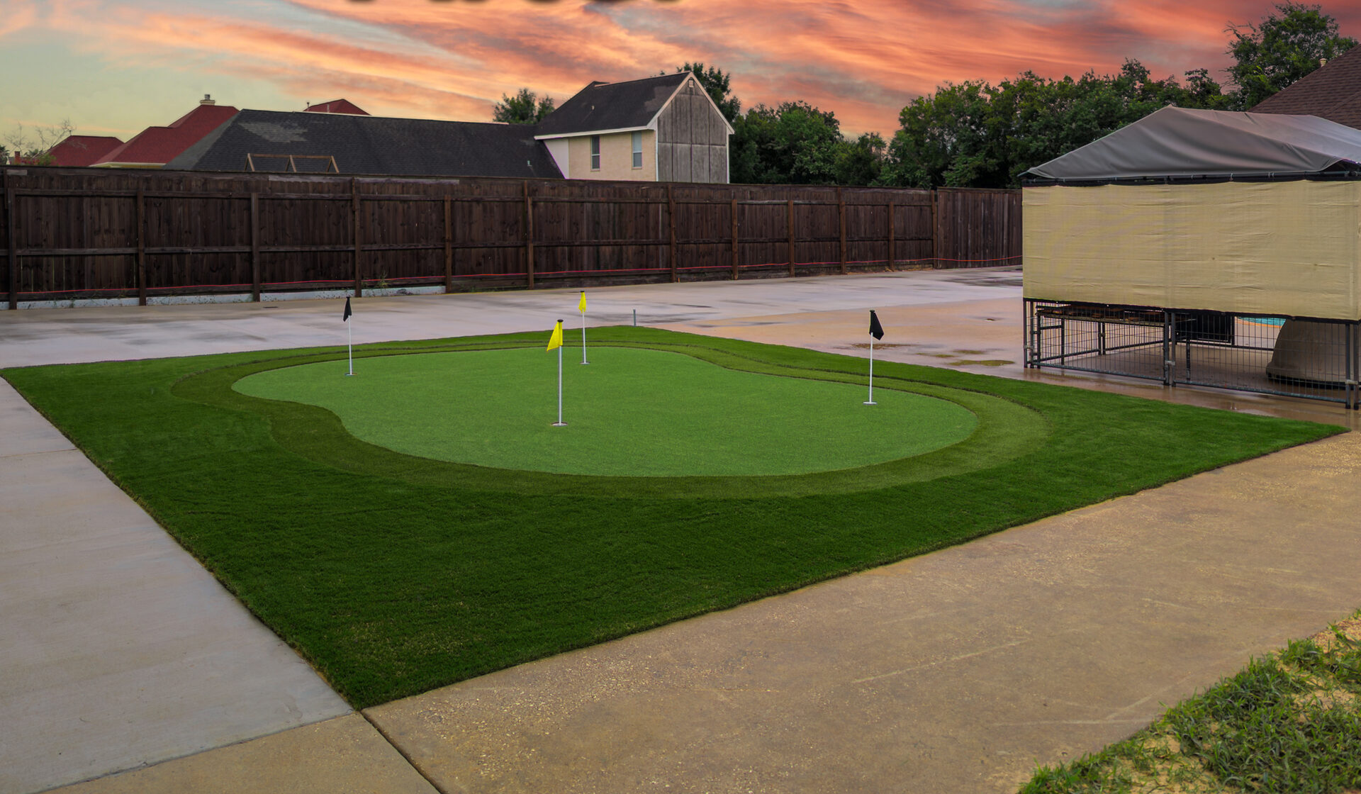 Custom putting green installation at sunset, Port Arthur, TX